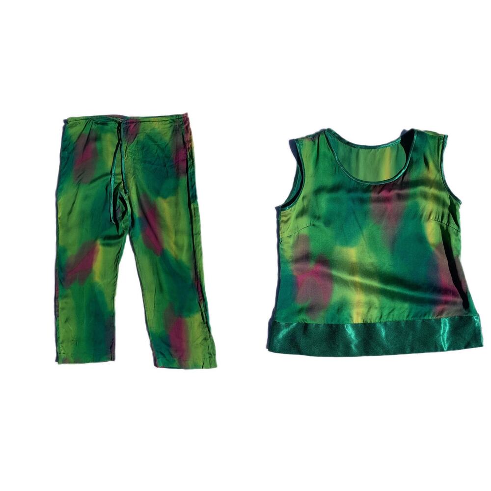 100% silk 2 piece loungewear tie dye green purple
